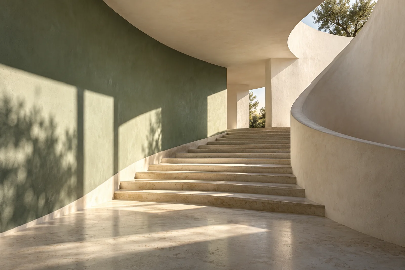 Sunlight across a curved modern stairway and sage wall